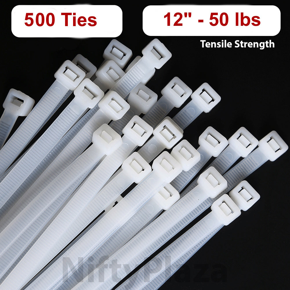NiftyPlaza 12 Inch Cable Ties, UV Weather Resistant, 50 LBS Nylon Wrap Zip Ties - 500 Pack