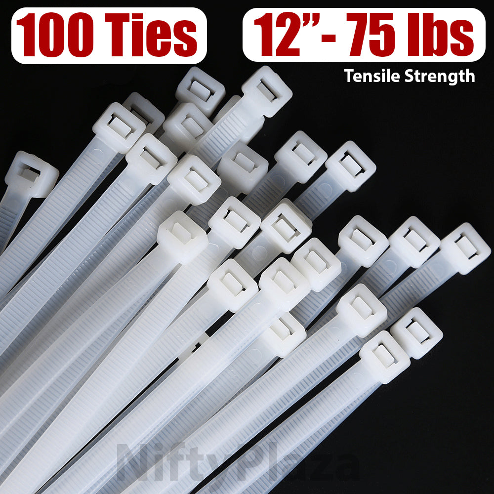 NiftyPlaza 12 Inch Cable Zip Ties, 100 Pack, 75 lbs Tensile Strength, Premium Grade