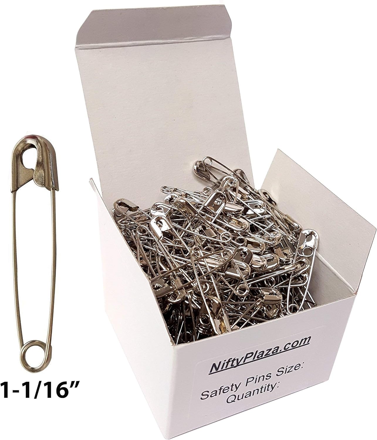 NiftyPlaza 200 Safety Pins, Size 1-1/16 Inch, High Grade Steel, Closed Position, Nickel Pleated, No Rust