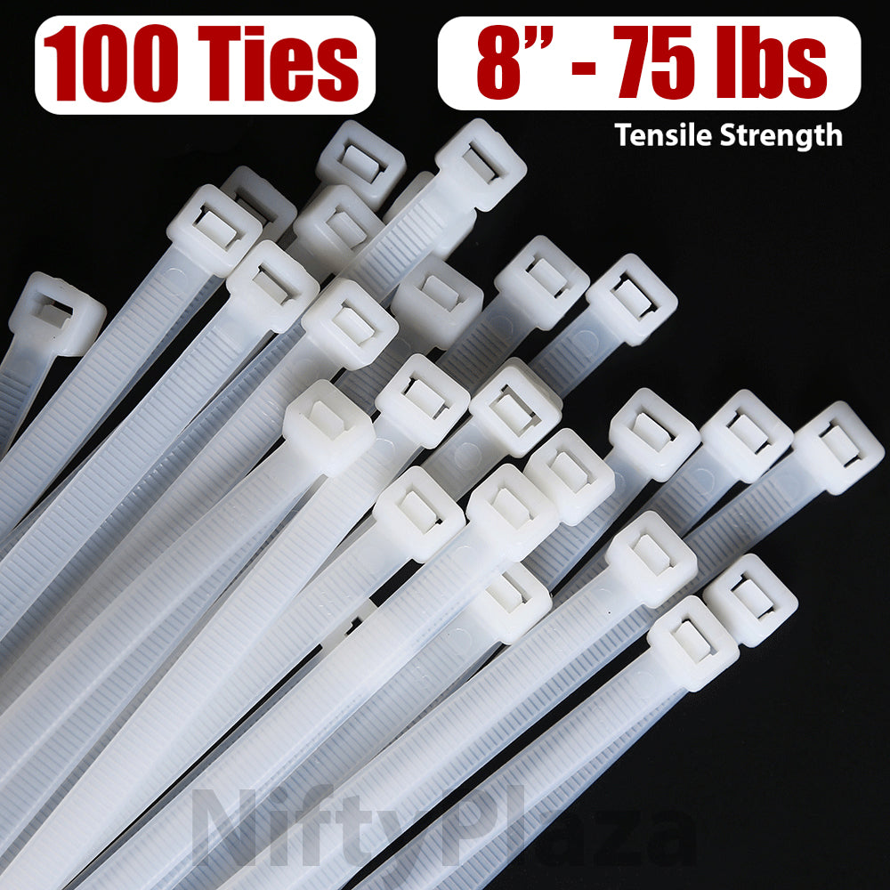 NityPlaza 8 Inch Cable Ties, 75 lb Tensile Strength, UV Weather Resistant, 100 pcs Nylon Wrap Zip Ties