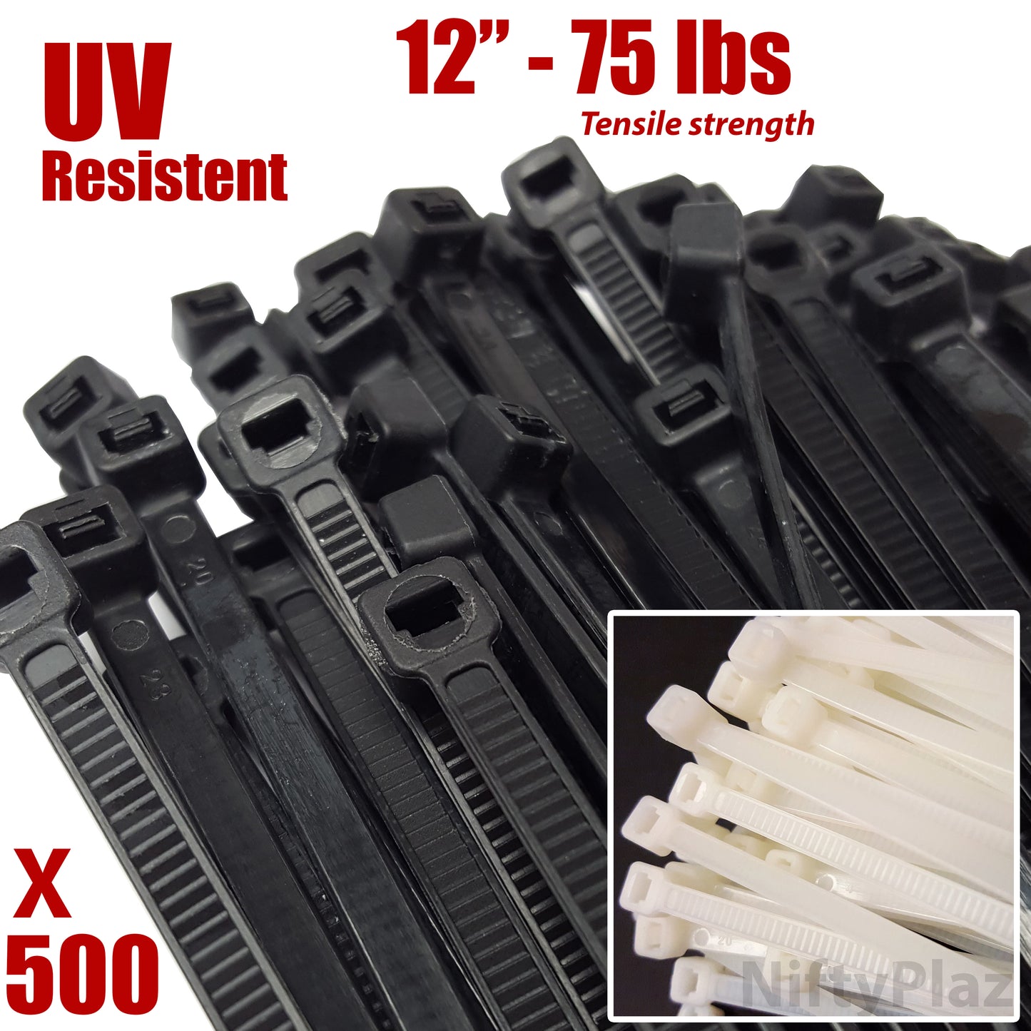 NiftyPlaza 12 Inch Cable Ties, UV Weather Resistant, 75 Lbs Nylon Wrap Zip Ties, 500 Cable Zip Ties