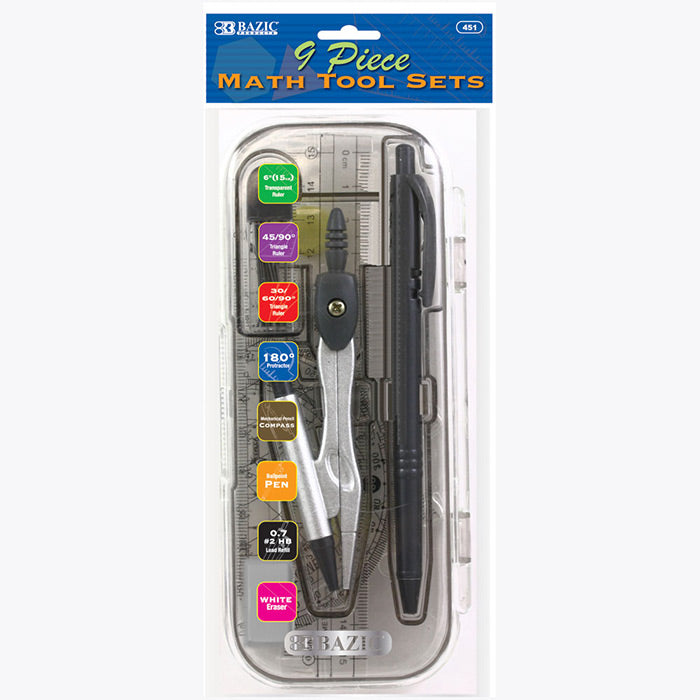 9 Piece Math Tool Sets, Rulers, Protractor, Mechanical Pencil, Compass