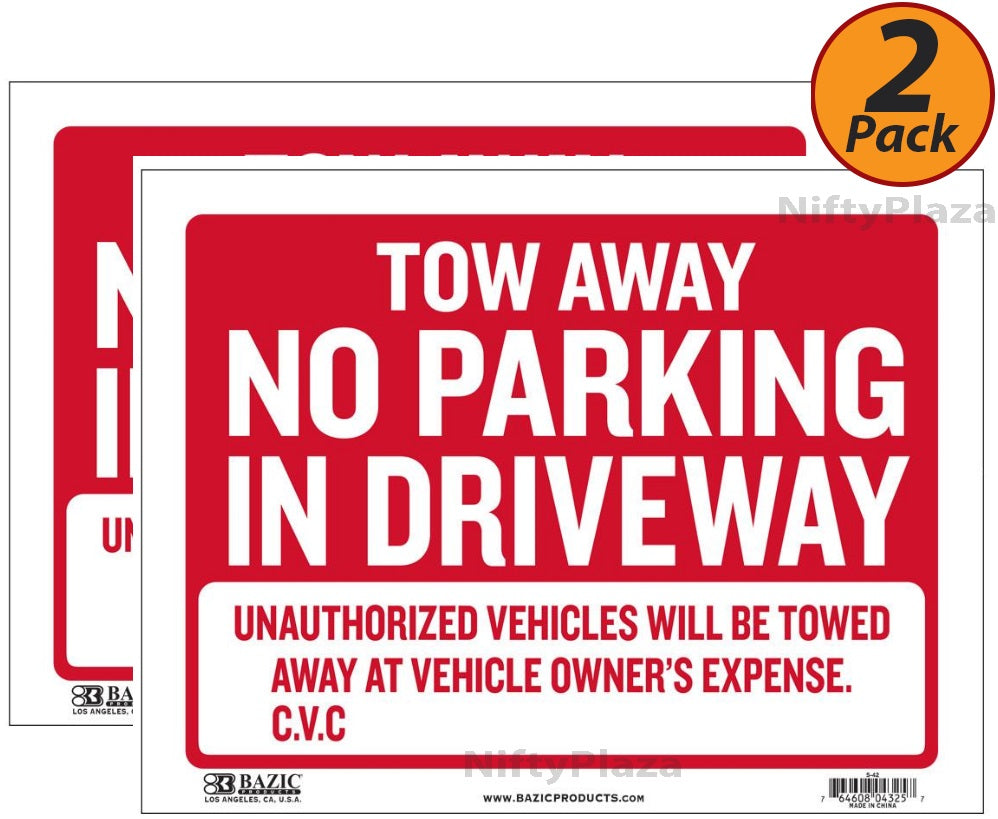 2 Pack - Tow Away No Parking In Driveway Sign 9"x12" Durable Plastic, Weatherproof Bright and Highly Visible - S42