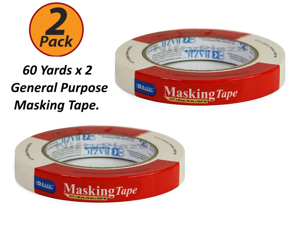 2 Pack BAZIC 0.71 inch X 2160 inch (60 Yards) General Purpose Masking Tape, labeling, bundling, mounting, packing - B950