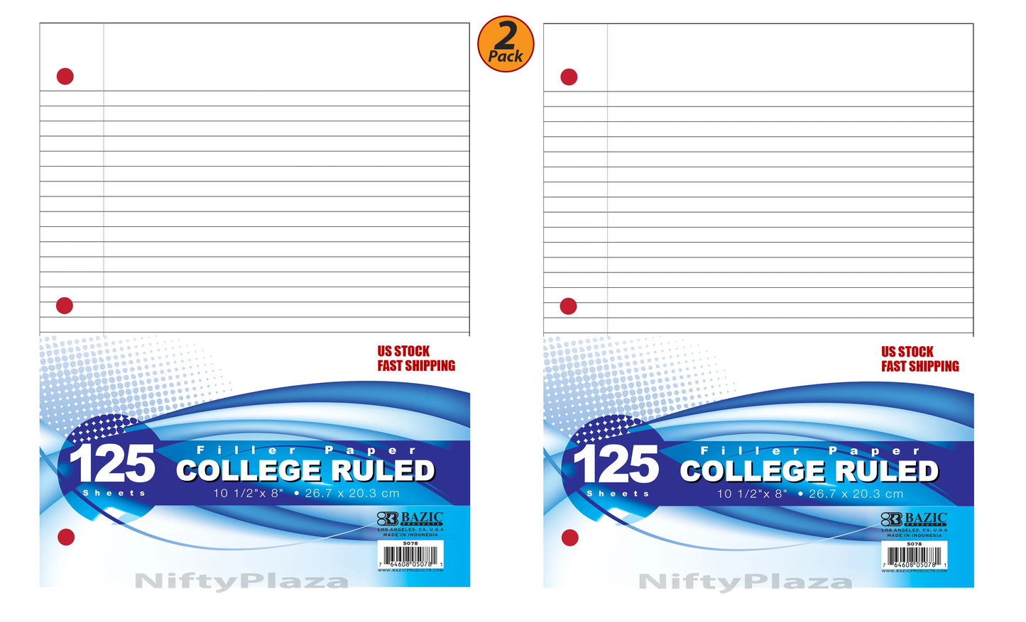 BAZIC College Ruled Lose Leaf Filler Paper, 125 Sheets/Pack - 2 Pack
