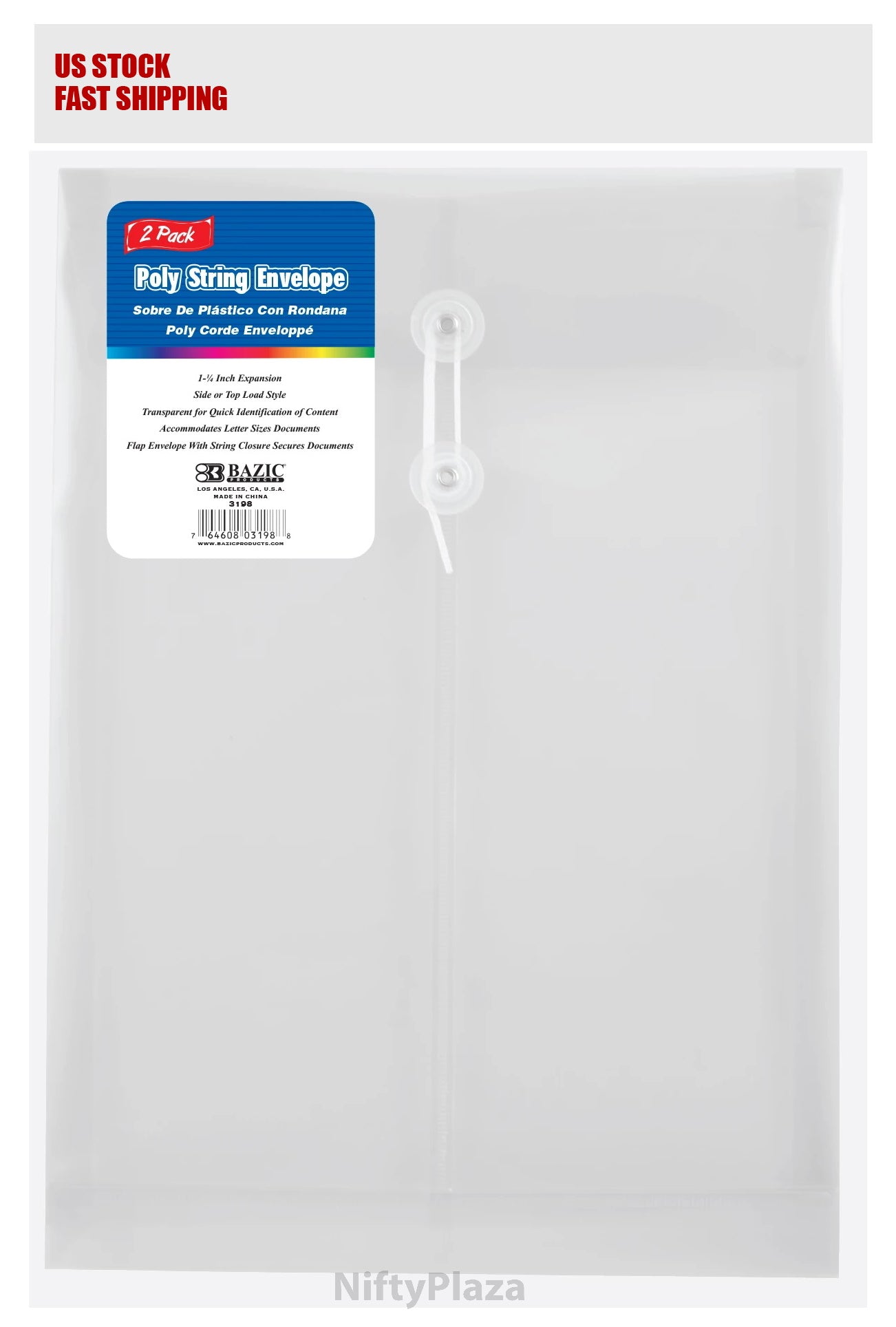 Clear Top / Side Loading Letter Size String Envelope (2/Pack) - 1-1/4 inch expansion