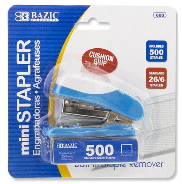 Mini Cushion Grip Standard (26/6) Stapler With 500 Ct Staples Hand held use - Random Color