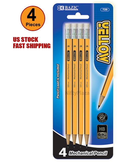 4 pcs Yellow Mechanical Pencils 0.9mm 2B Excellent Quality Craft, Home, School and Office