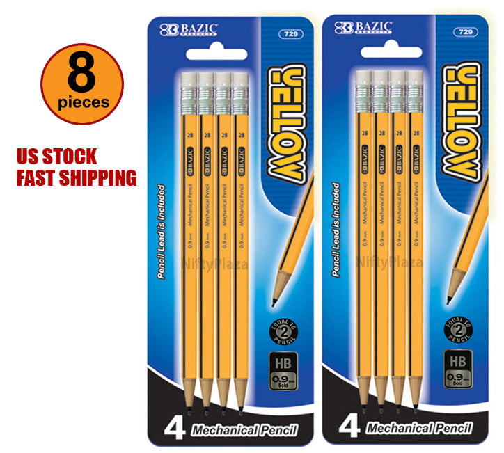 8 pcs Yellow Mechanical Pencils 0.9mm 2B Excellent Quality Craft, Home, School and Office