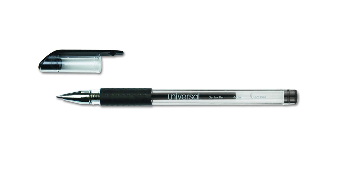 Universal 12 pcs Comfort Grip Stick Gel Pen, Medium 0.7mm, Black Ink, Clear Barrel fade-resistant Ink