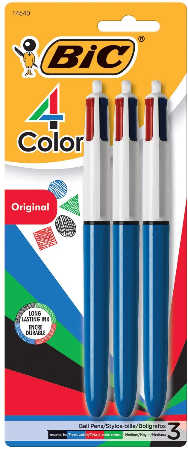 BIC 3 pcs Retractable Ballpoint Pen, 1mm, 4-Color Black/Blue/Green/Red Ink, Blue Barrel