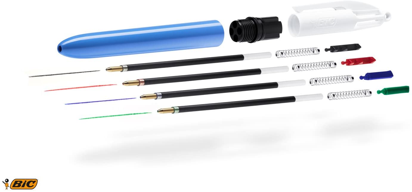 BIC 3 pcs Retractable Ballpoint Pen, 1mm, 4-Color Black/Blue/Green/Red Ink, Blue Barrel