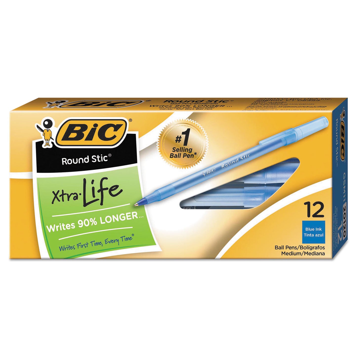 Round Stic Xtra Life Stick Ballpoint Pen, 1mm, Blue Ink, Translucent Blue Barrel, Dozen