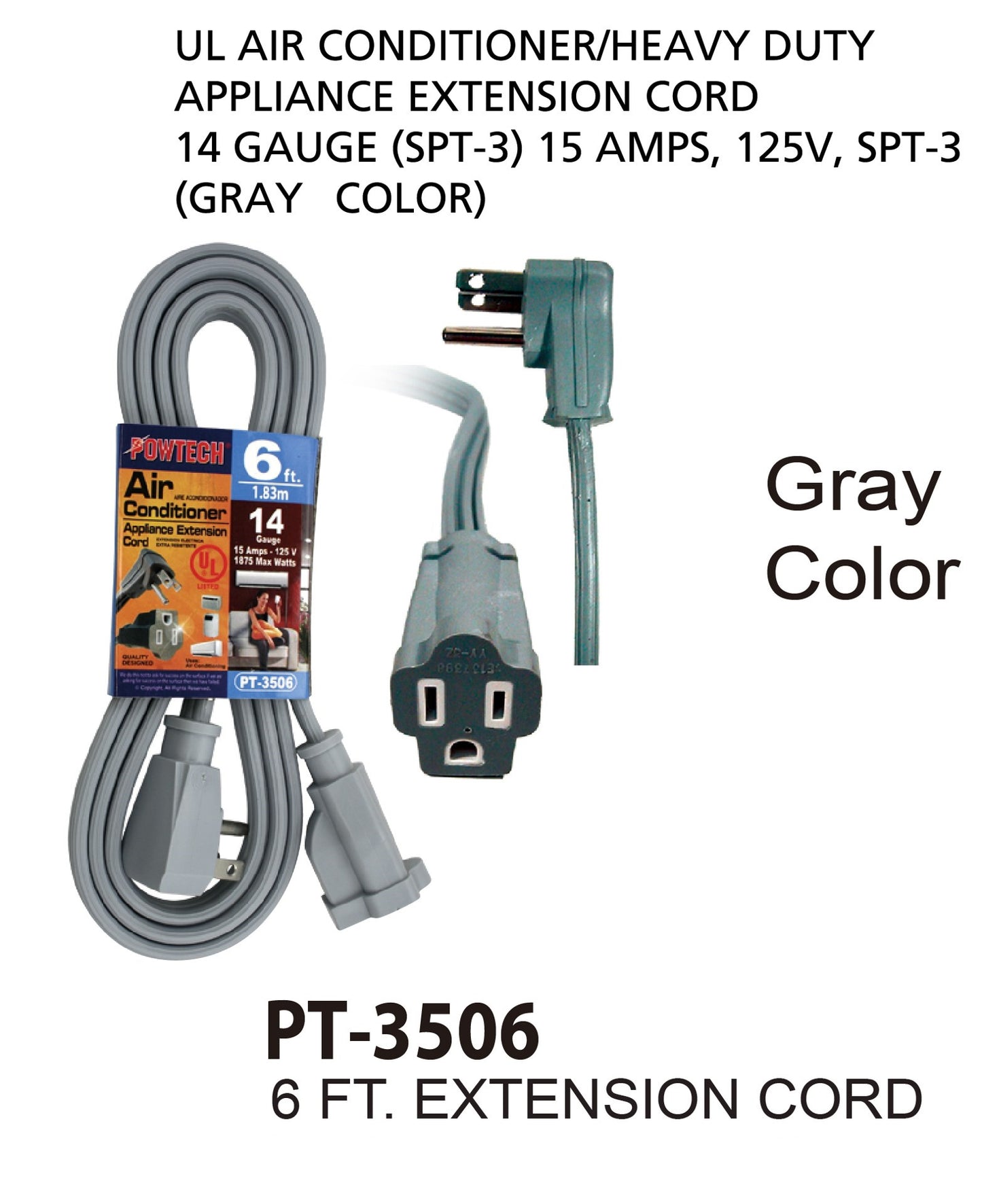 POWTECH Heavy duty 6 FT Gray Air Conditioner, Major Appliance Extension Cord UL Listed 14 Gauge, 125V, 15 Amps, 1875 Watts