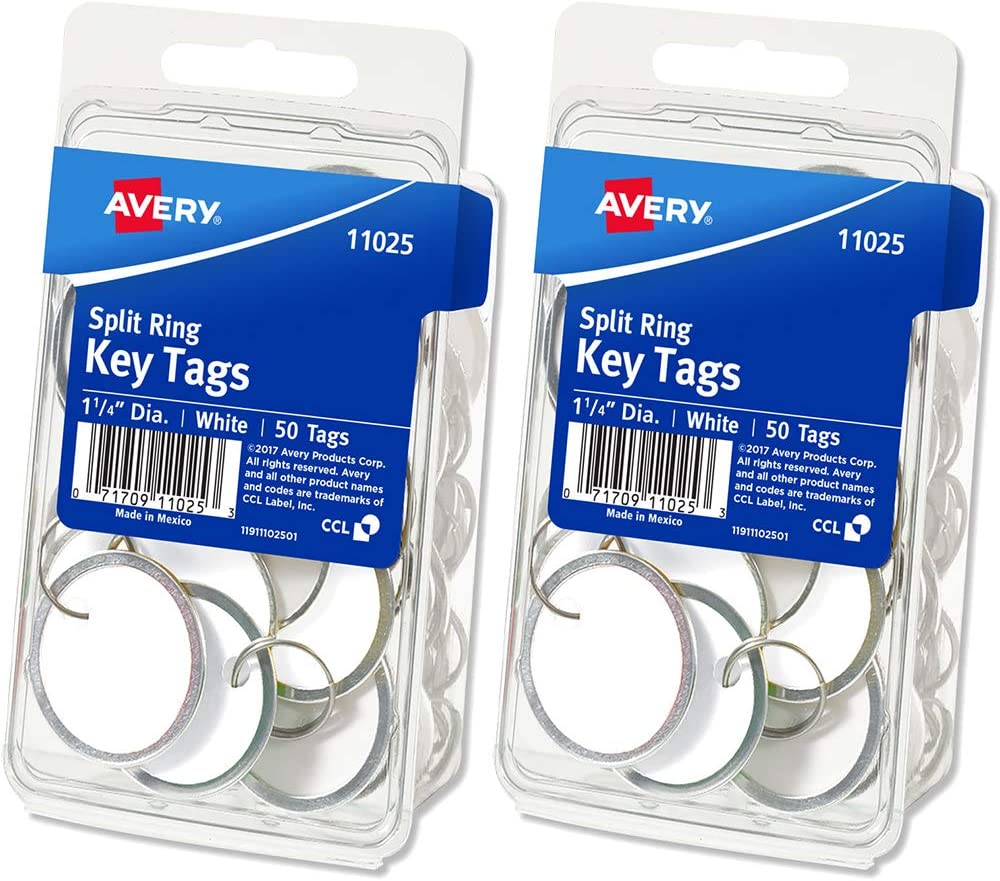 AVERY Metal Rim Key Tags, 1.25" Diameter Tag, Metal Split Ring, 100 Tags White - Pack of 2