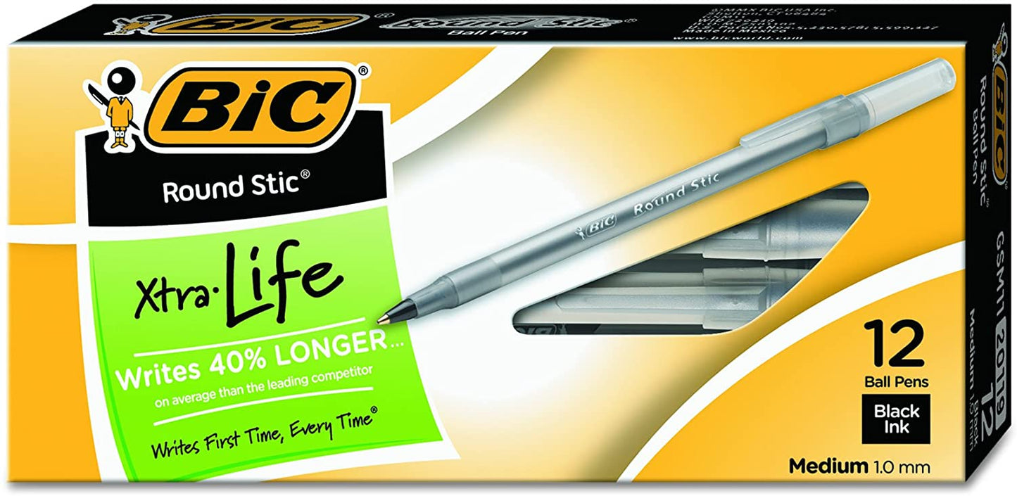 BIC Round Stic Xtra Life Ballpoint Pen, Medium Point (1.0mm), Black, 12-Count
