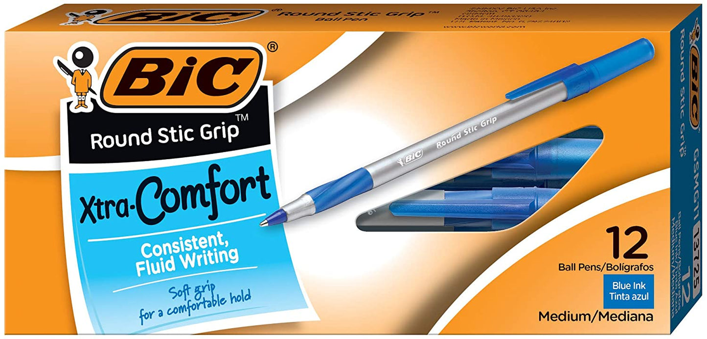 BIC Round Stic Grip Xtra Comfort Ballpoint Pen, Medium Point (1.2mm), 12-Count Blue