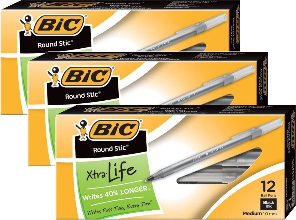 BIC Round Stic Xtra Life Ballpoint Pen, Medium Point (1.0mm), Black, 36-Count - Pack of 3