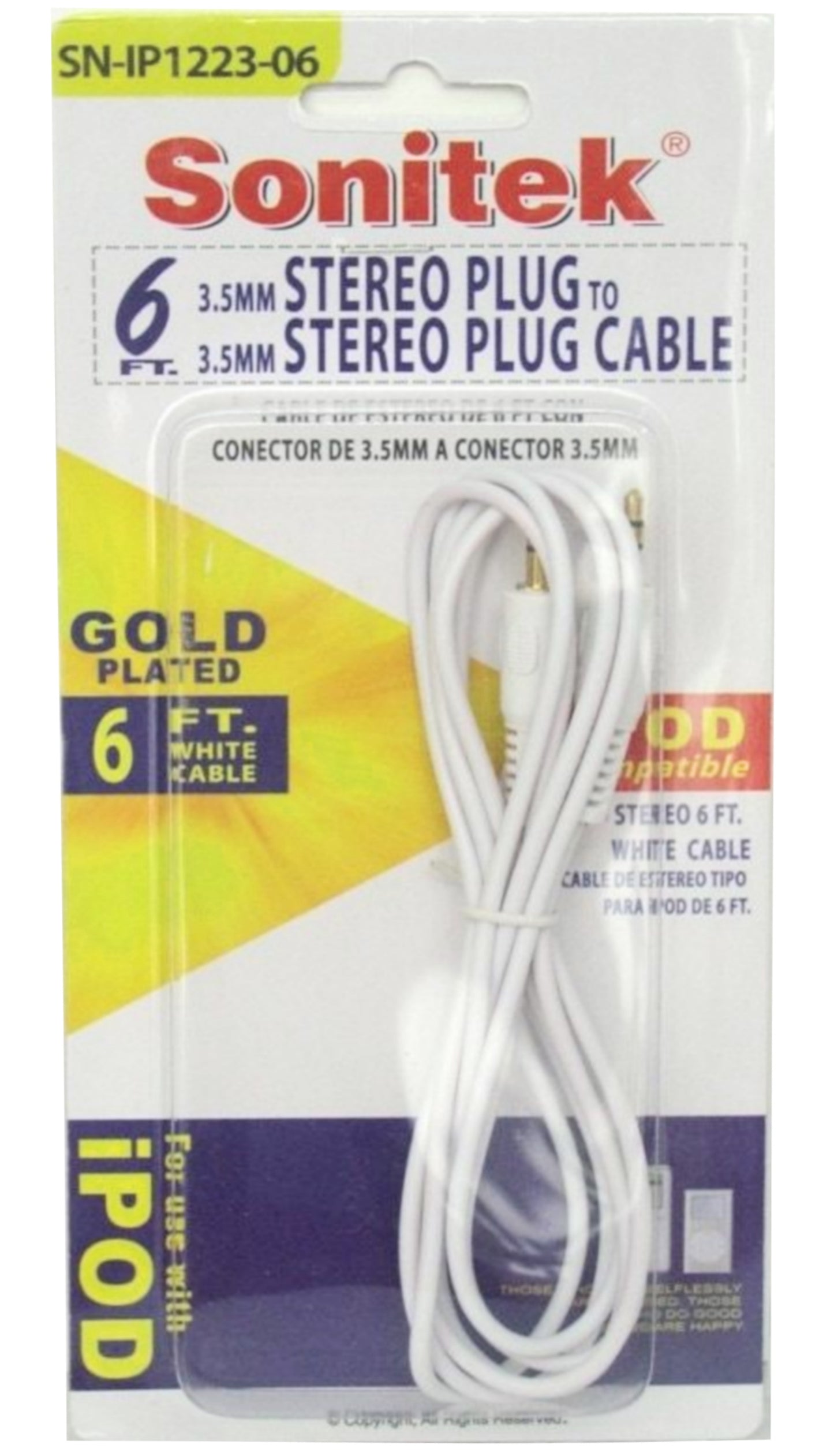 Stereo Audio Cable AUX Auxiliary Audio Plug 3.5MM Jack CAR, iPod iPhone IPAD New - Sonitek