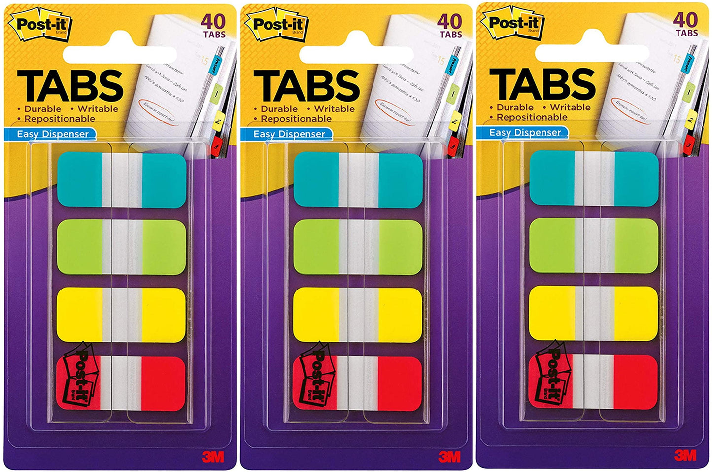 Post-it Tabs - 625 in Solid, Aqua, Lime, Yellow, Red, 10 Color, 40 Dispenser