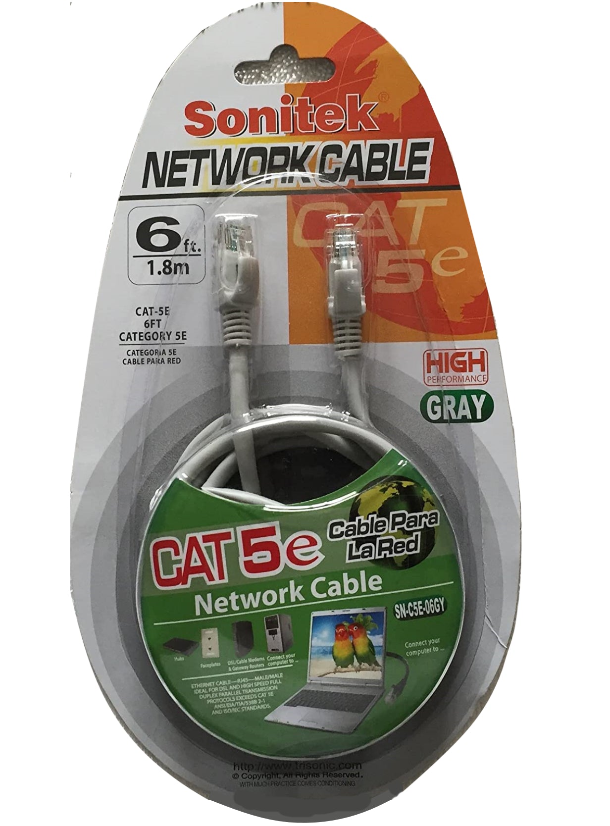 CAT-5E Networking Patch Cable 6 ft. Gray RJ45 DSL High-Speed Ethernet, SONITEK
