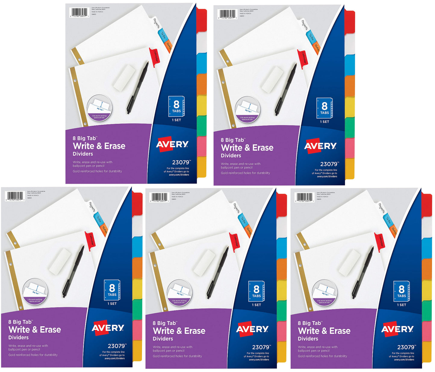 Avery 8-Tab Binder Dividers,5 Set, Write and Erase Multicolor Big Tabs, 3-hole punched Ready for Use
