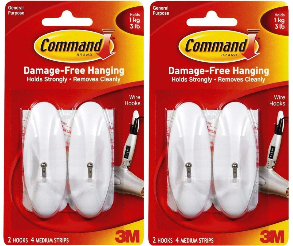 Command White Wire Hooks, General Purpose Organize Damage-Free Hanging - 4 Hooks - Pack of 2