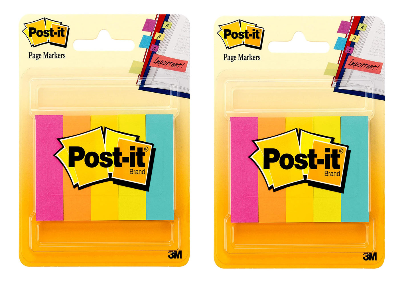 Post-it Page Markers, Assorted Colors, 1/2 in x 2 in, 50 Sheets/Pad, 5 Pads/Pack (670-5AF) - 2 Pack (500 Sheets)