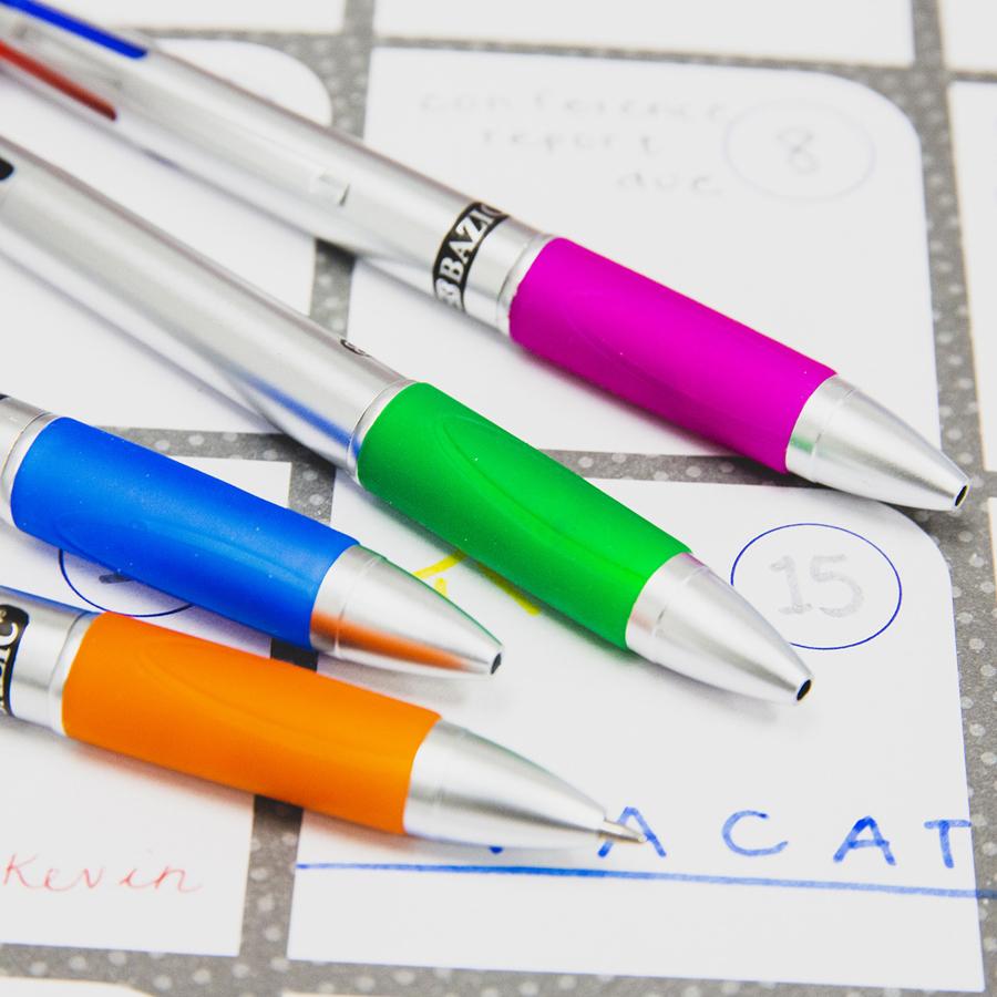 Bazic Silver Top 4-Color Pen with Cushion Grip, 2 Pcs Retractable 4-Color Ballpoint Pens - Random Color