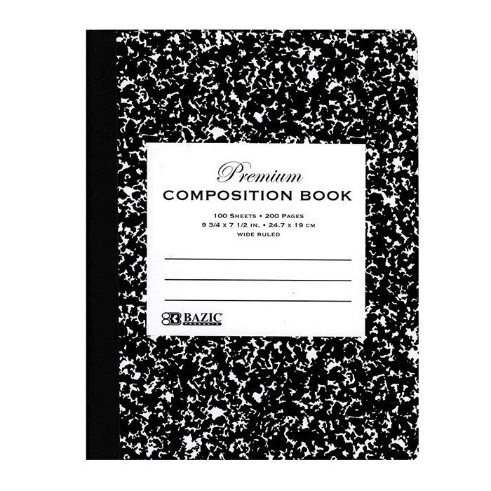 BAZIC Composition Book Wide Ruled 100 Sheet, Premium Black Marble Notebook, Writing Journal Comp Lined Notebooks for School, 1-Pack