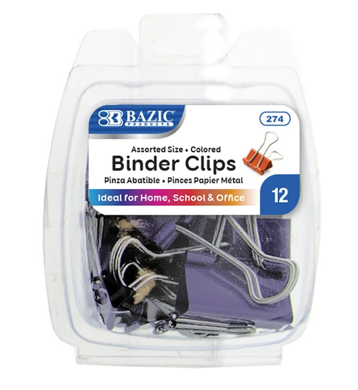 Assorted Size Binder Clip (12/Pack) Efficient Triangular Design - Random Color
