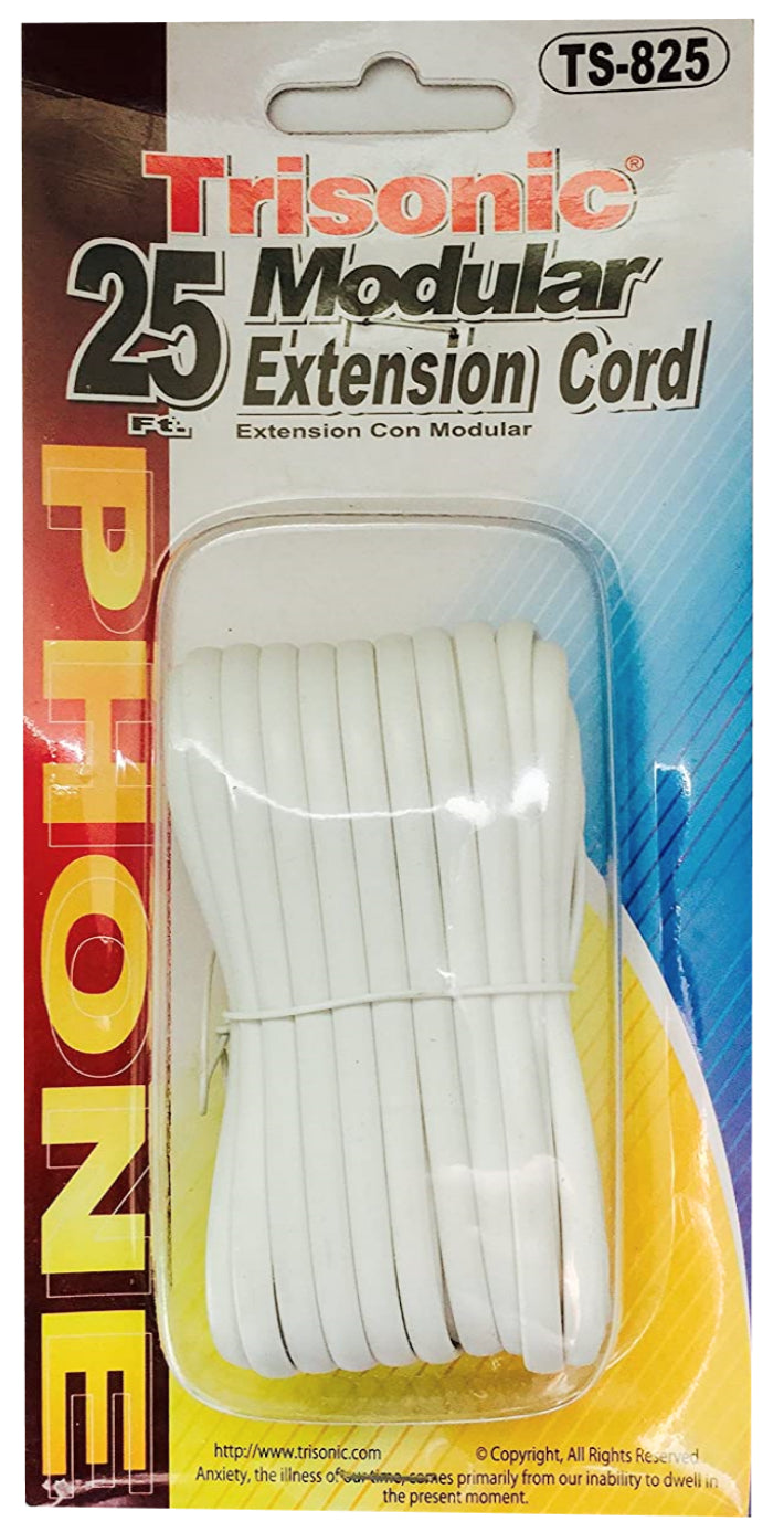 Trisonic 25 Feet Long Telephone Extension Cord Modular Phone Cable Line Wire - White