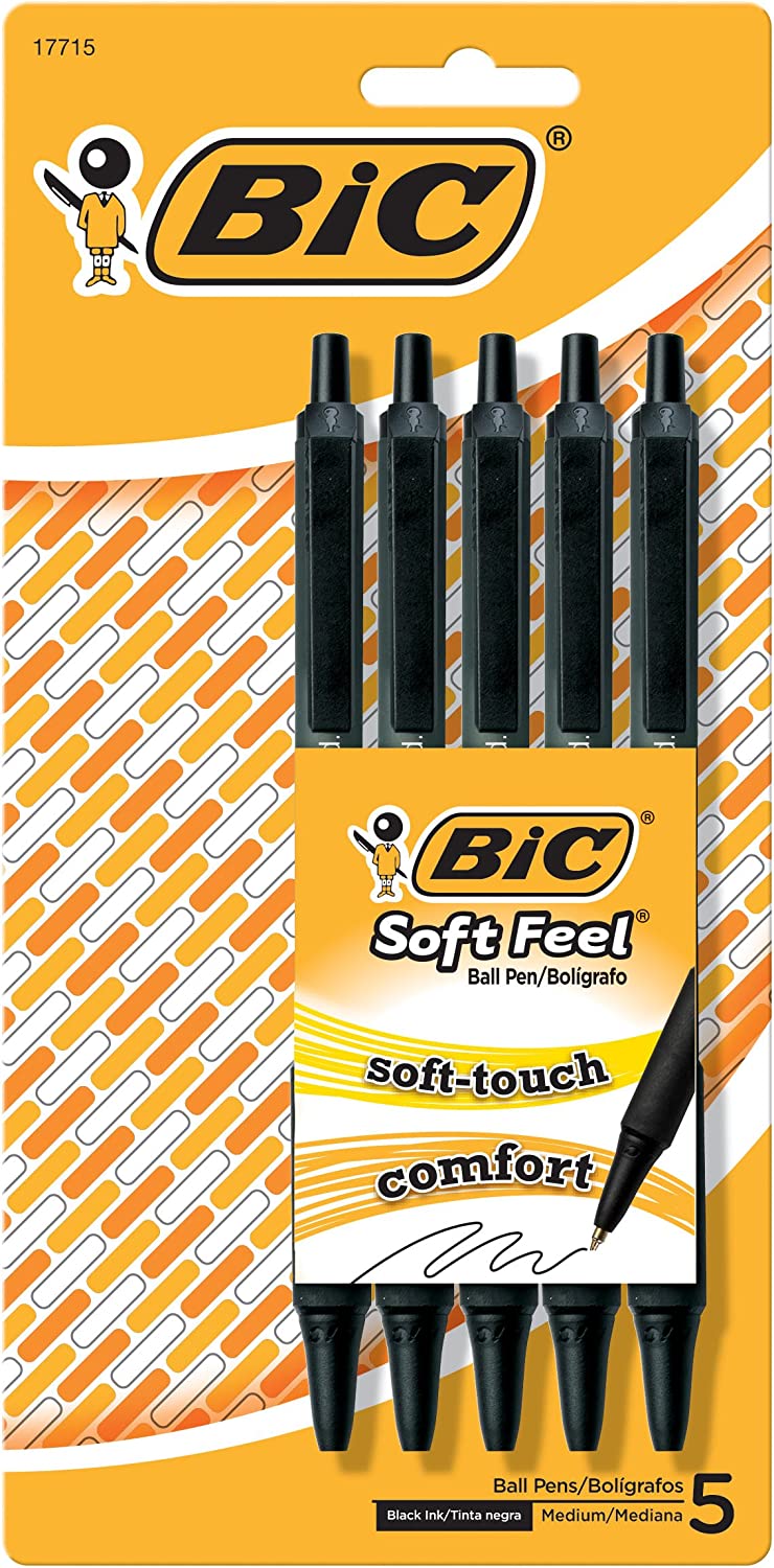 BIC Soft Feel Black Retractable Ballpoint Pens, Medium Point (1.0mm), –