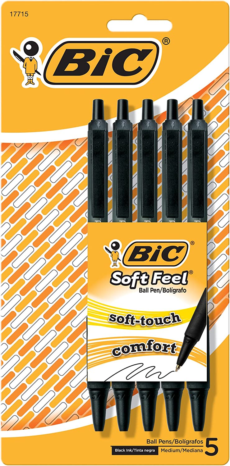 BIC Soft Feel Black Retractable Ballpoint Pens, Medium Point (1.0mm), 5-Count Pack, Black Pens With Soft-Touch Comfort Grip