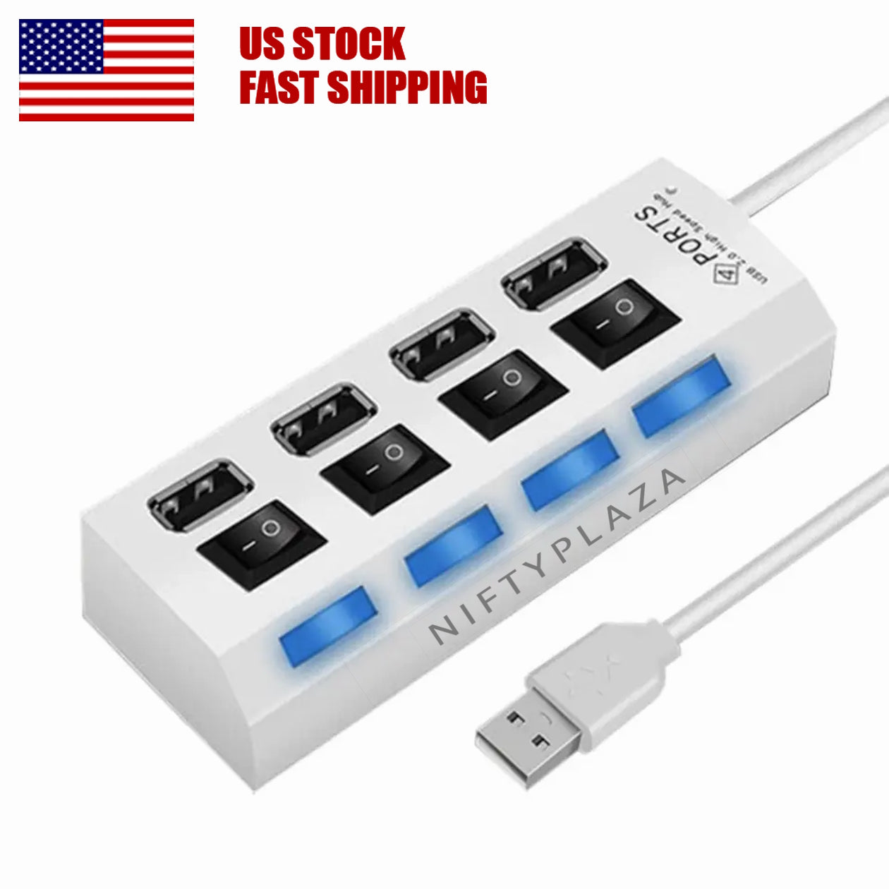 High Speed 4 Ports USB HUB 3.0 Multi USB Splitter On/Off Switch Adapter Computer Laptops - White