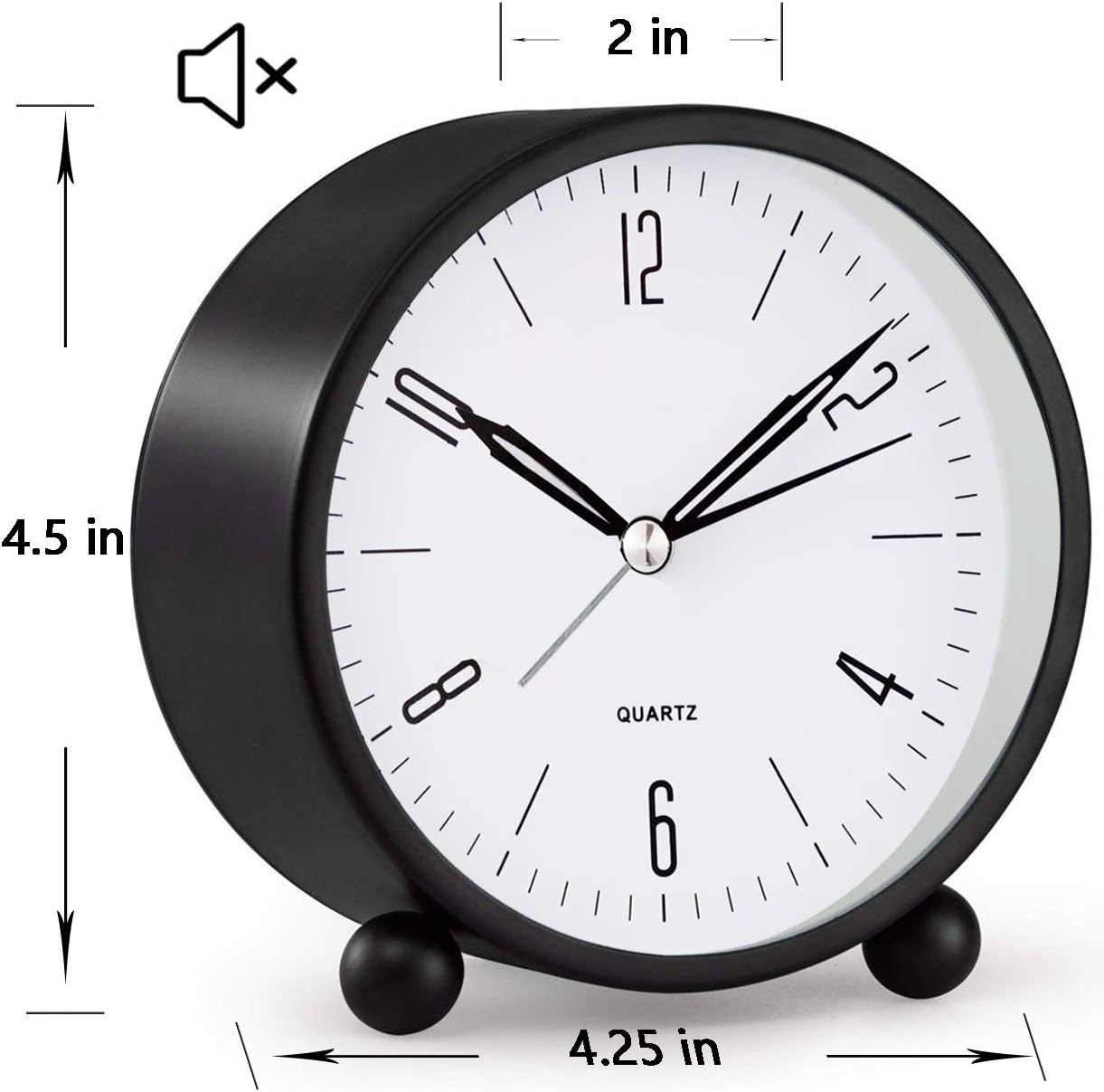 Analog Alarm Clock, 4 Inch Round Non Ticking, Battery Operated, Light Function, Desk/Bedroom