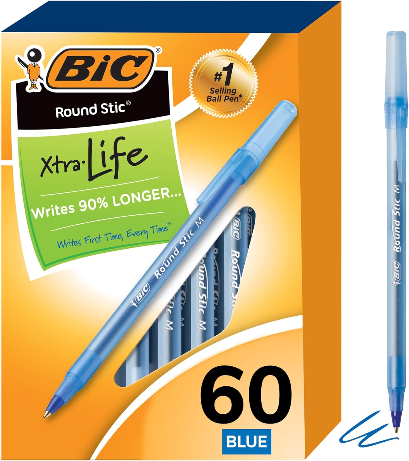 BIC Round Stic Xtra Life Blue Ballpoint Pens, Medium Point (1.0mm), 60-Count Pack of Bulk Pens