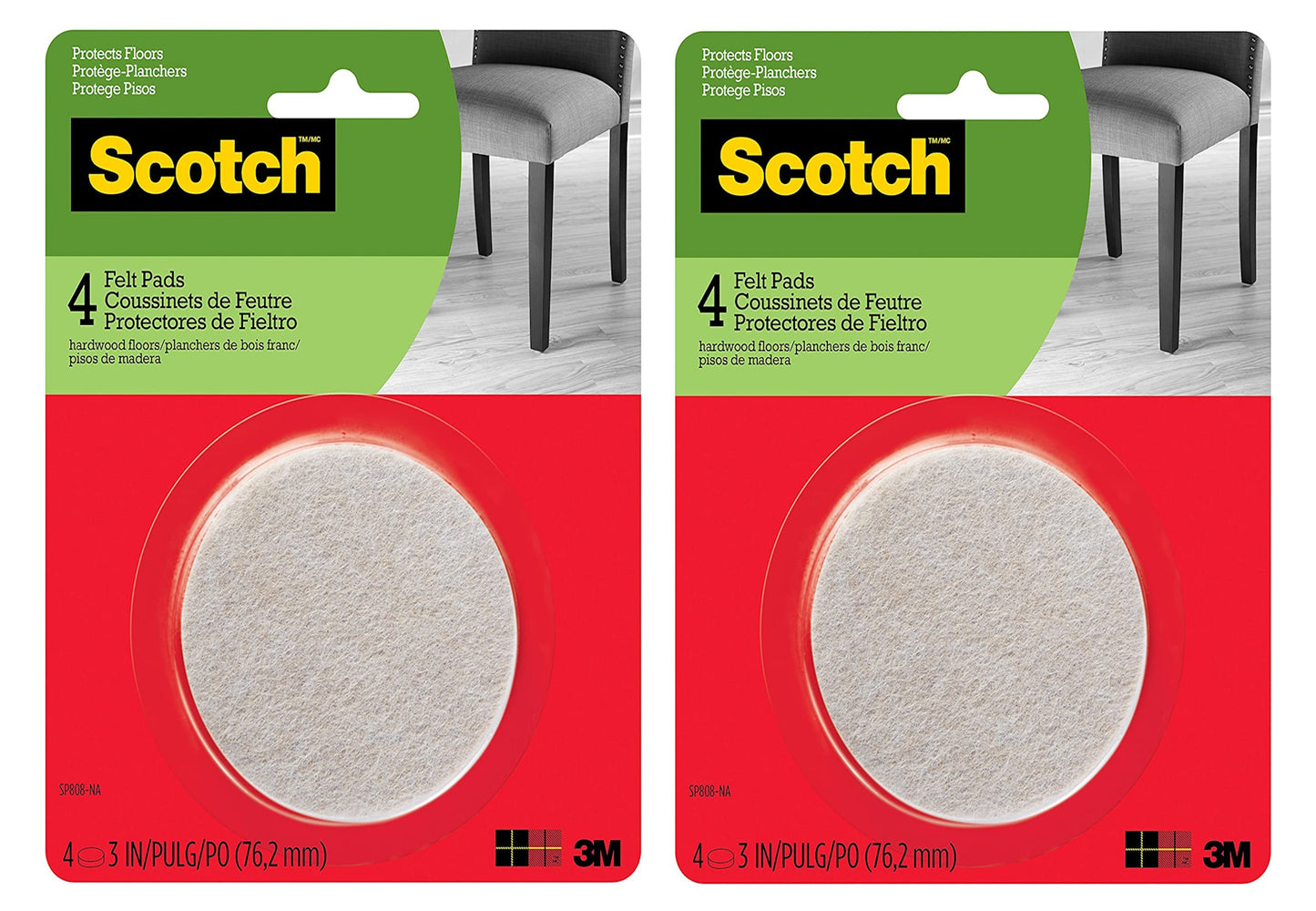 Scotch Felt Pads Round, 3 inch Diameter, 8 pcs Beige Fastening and Surface Protection Protects floors - 2 Pack