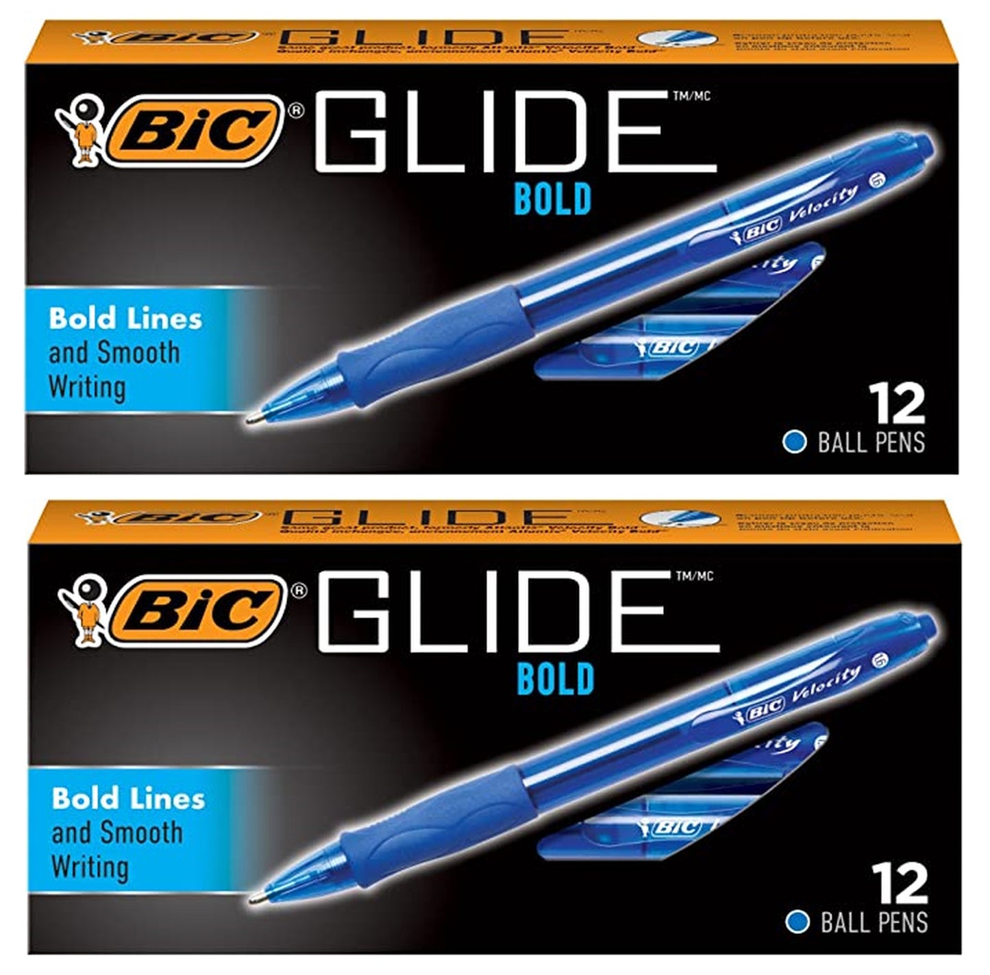 BIC Glide Bold Retractable Ball Pen, Bold Point (1.6mm), Blue, 24-Count, Rubber Grip Comfortable Writing