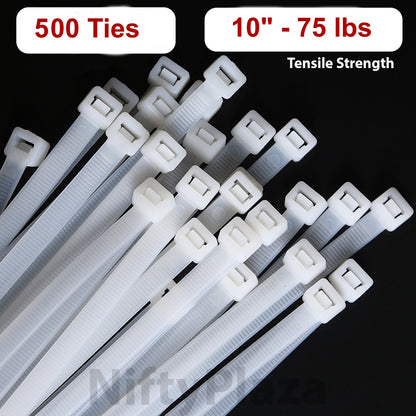 NiftyPlaza 10 Inch Cable Ties - 500 Pack - UV Weather Resistant - 75 LBS Nylon Wrap Zip Ties