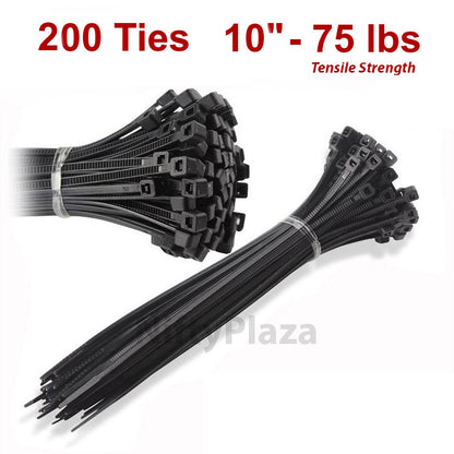NiftyPlaza 10 Inch Cable Ties - 200 Pack - UV Weather Resistant - 75 LBS Nylon Wrap Zip Ties