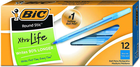 BIC Round Stic Xtra Precision Ballpoint Pen, Medium (0.8mm), Blue, 12-Count