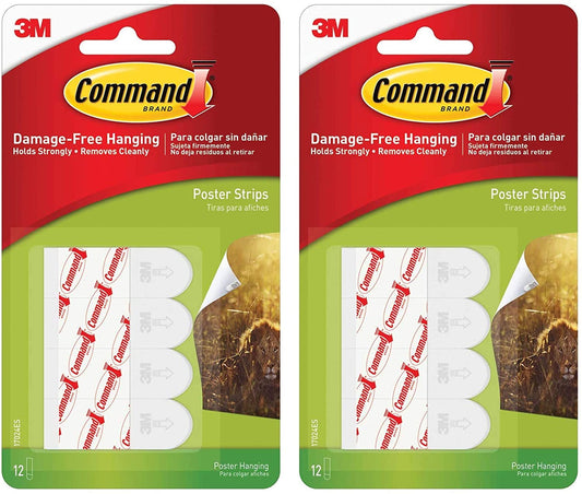 Command Poster Hanging Strips, 12 Strips, White, 5/8" x 1 3/4" Holds Strongly - Pack of 2