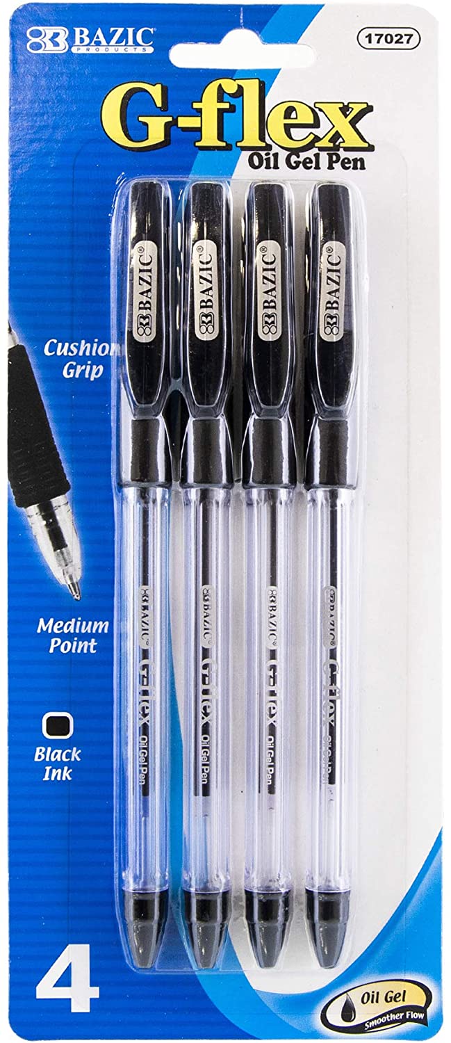 BAZIC G-Flex Black Oil-Gel Ink Pen with Cushion Grip (4/Pack) Nonstop Writing Comfort