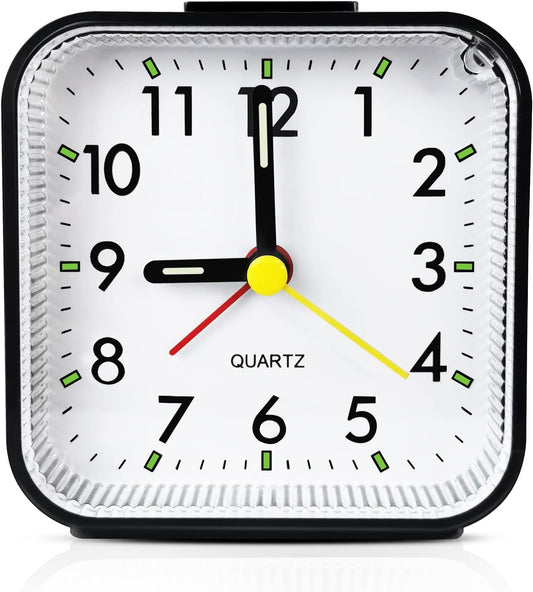 Small Analog Alarm Clock Battery Operated, Travel Silent with No Ticking Analog Quartz Snooze, Light - Black