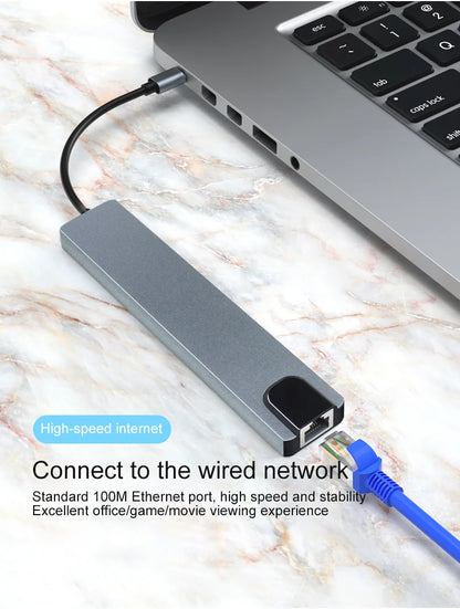 8 Ports HDTV USB3.0 RJ45 SDTF USB-C PD Charging Adapter