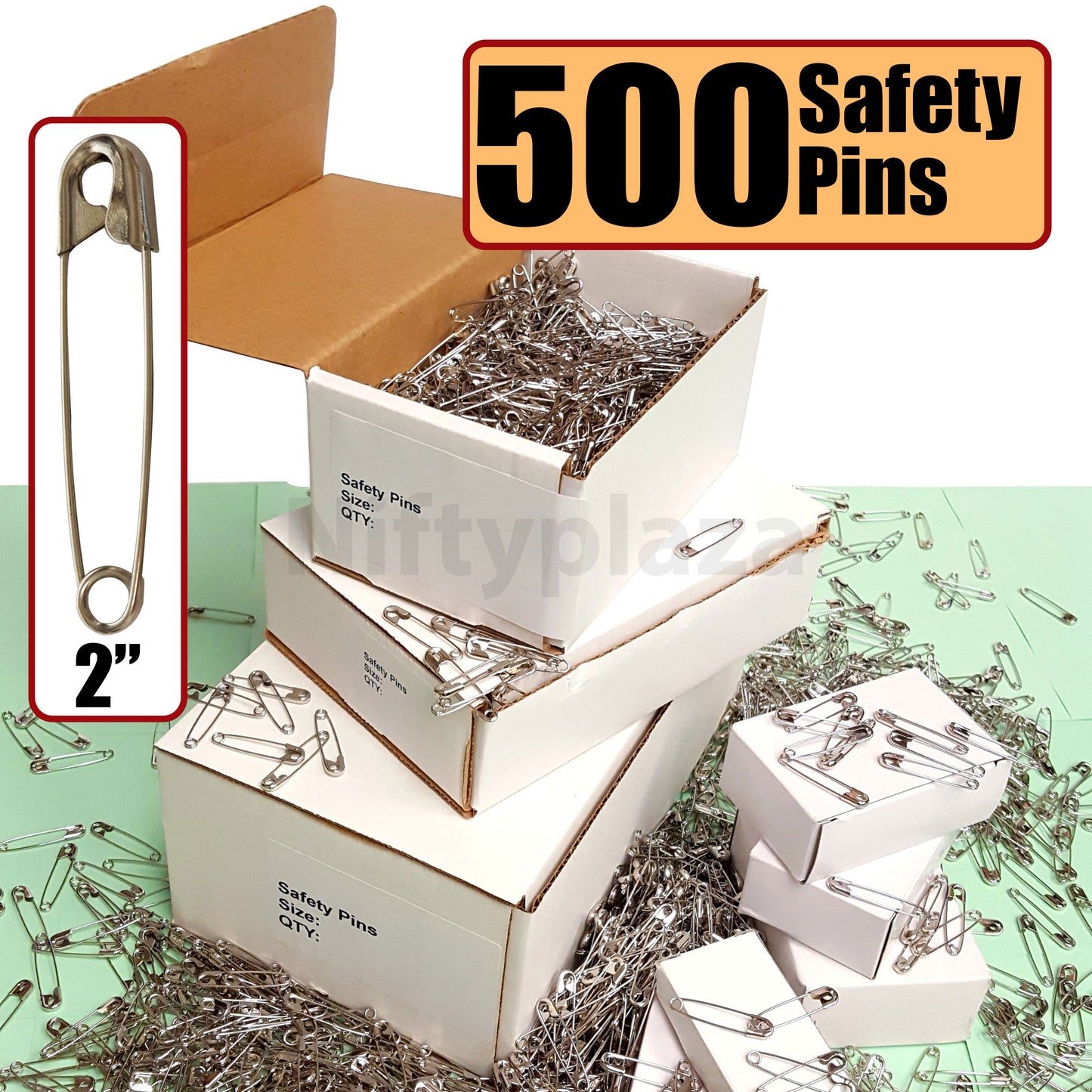NiftyPlaza 500 Extra Large Safety Pins, Size 2 Inch, Crafting, Quilting, Closed, Heavy Duty, Steel, Nickel Pleated, No Rust