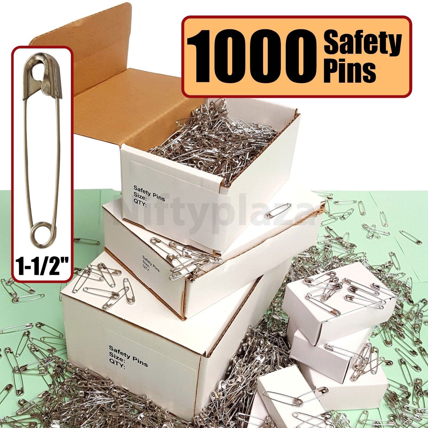 NiftyPlaza Heavy Duty Large 1-1/2" Safety Pins - 1000 Pcs - High-Grade Steel, Nickel Plated, Rust Resistant