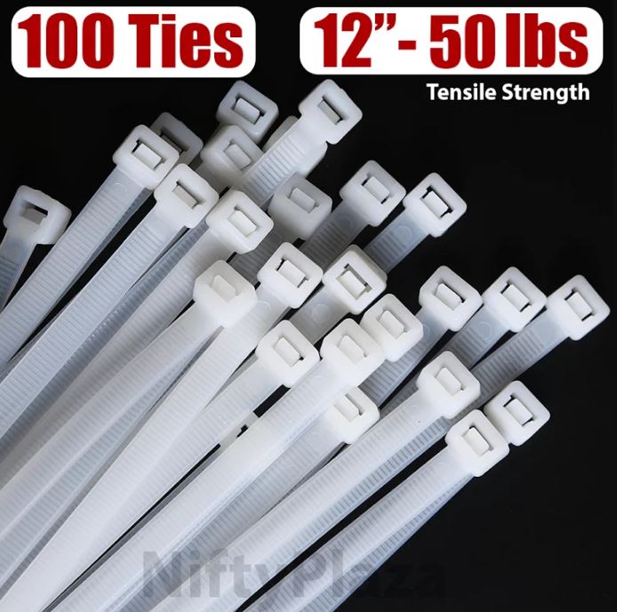 NiftyPlaza 12 Inch Cable Zip Ties, 50 lbs Tensile Strength Premium Grade - 100 Pack