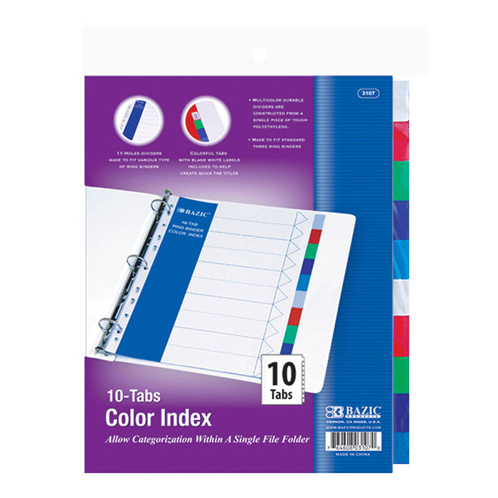3-Ring Binder Dividers with 10 Color Tabs File Folder